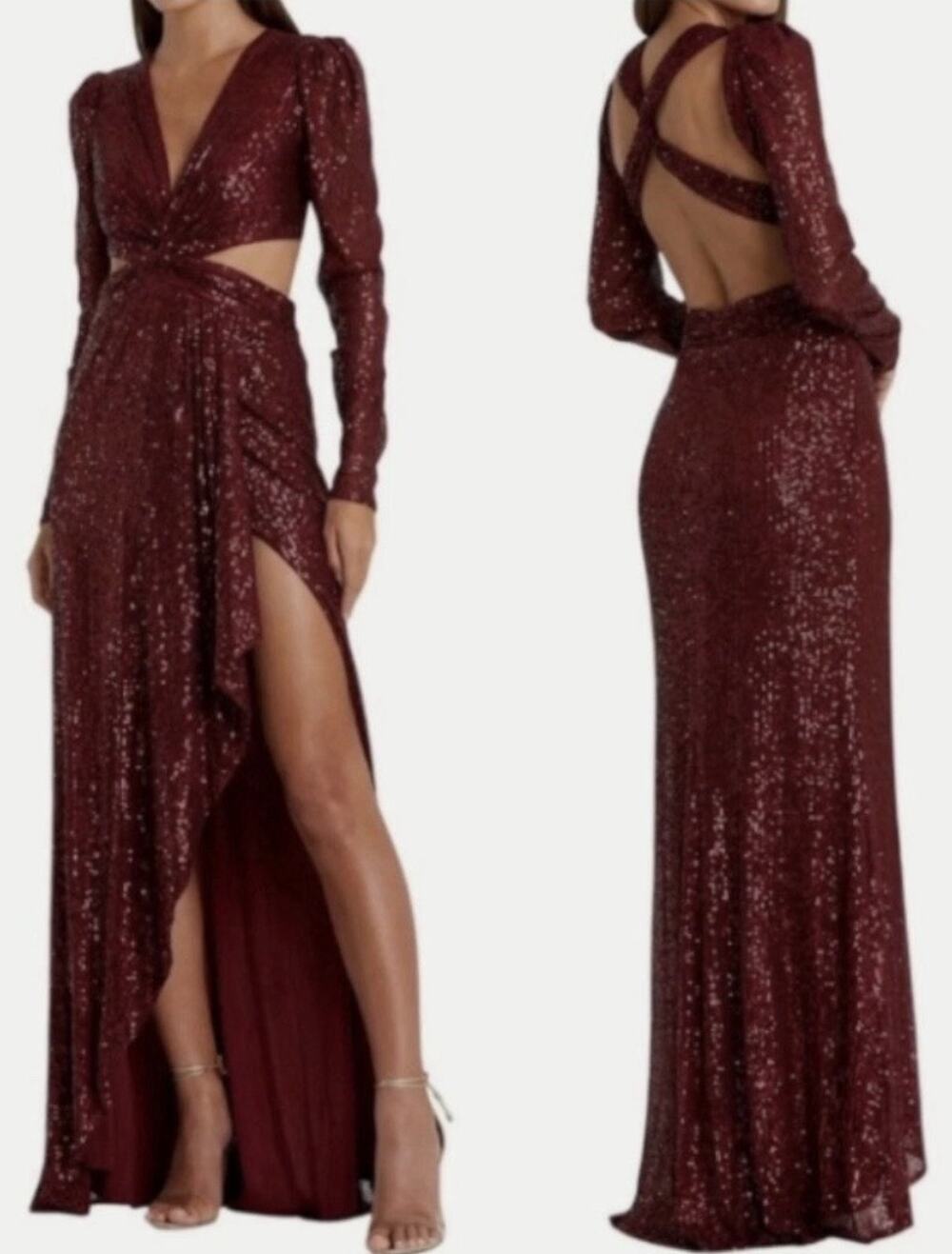NWT Ieena Mac Duggal 26739 Wine Sequin Cutout Open Back Gown Dress Sz 2
